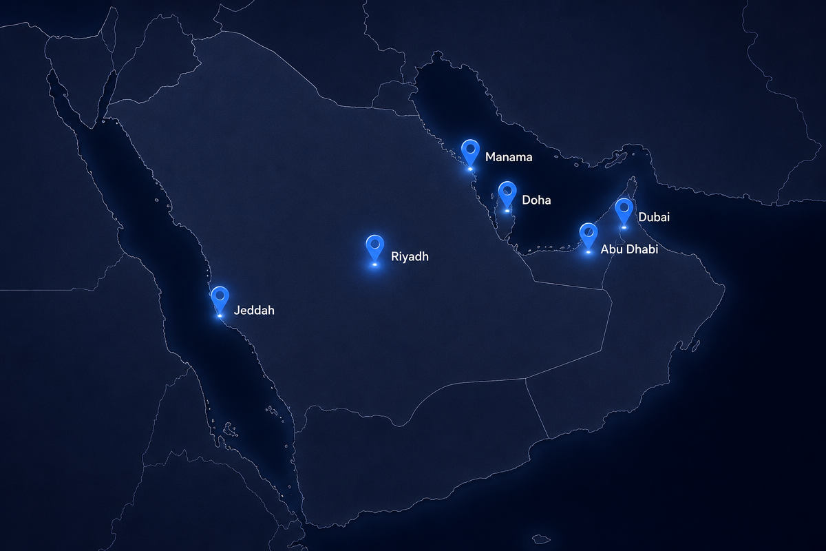 Map of GCC coverage across Dubai, Abu Dhabi, Riyadh, Jeddah, Manama and Doha