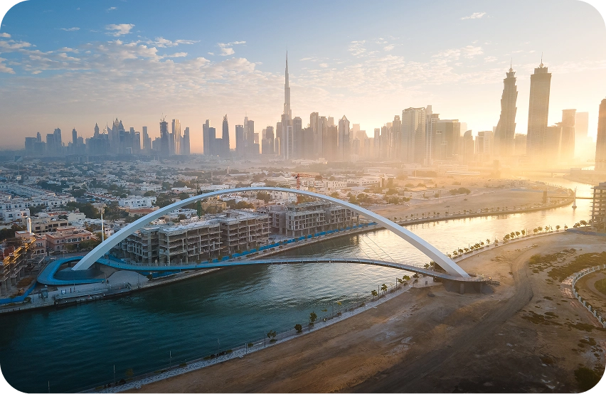 Dubai skyline with modern canal bridge — FPA Associates construction recruitment focus in MENA region